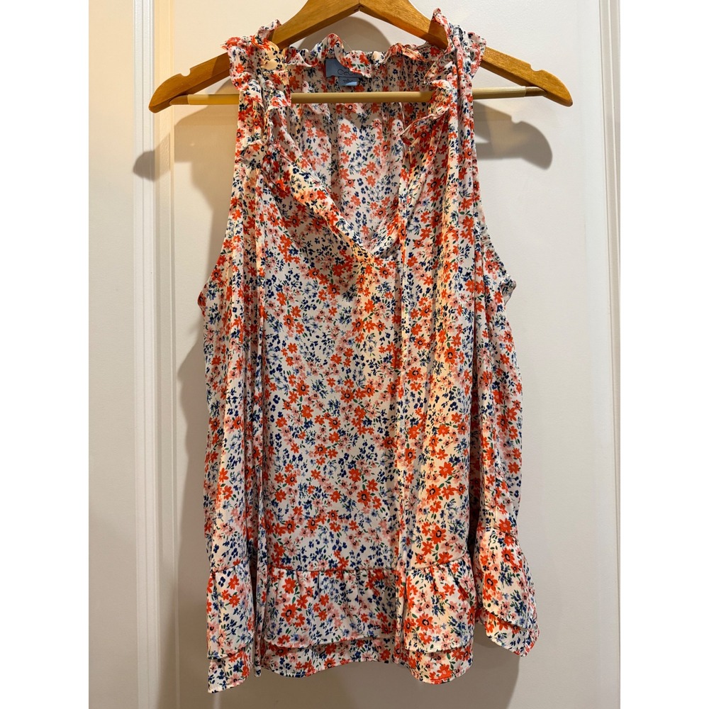 CeCe Women Floral Ruffle V-Neck Sleeveless Blouse Orange Blue Multi Size L